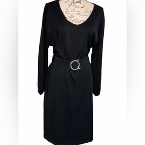 NY Collection Sweater Dress 1XL Black Long Sleeve V Neck Acrylic